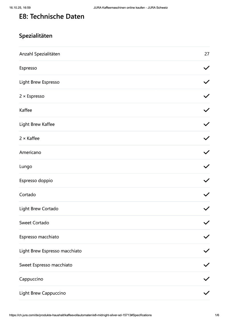 Datenblatt Jura E8 Midnight Silver