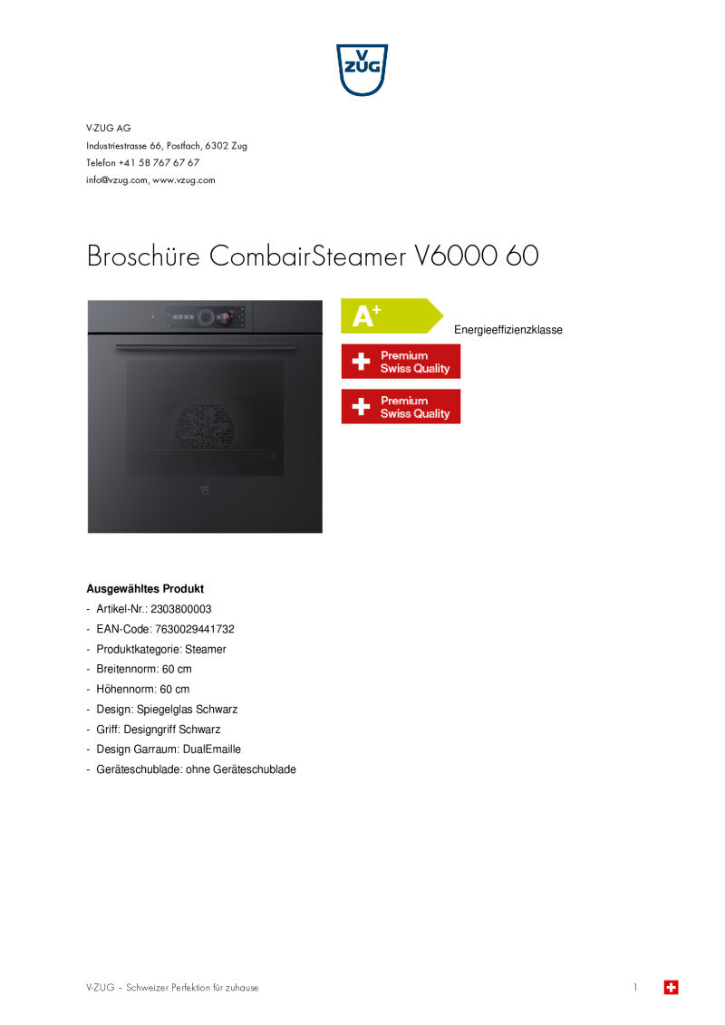 Datenblatt V-Zug CombairSteamer V6000