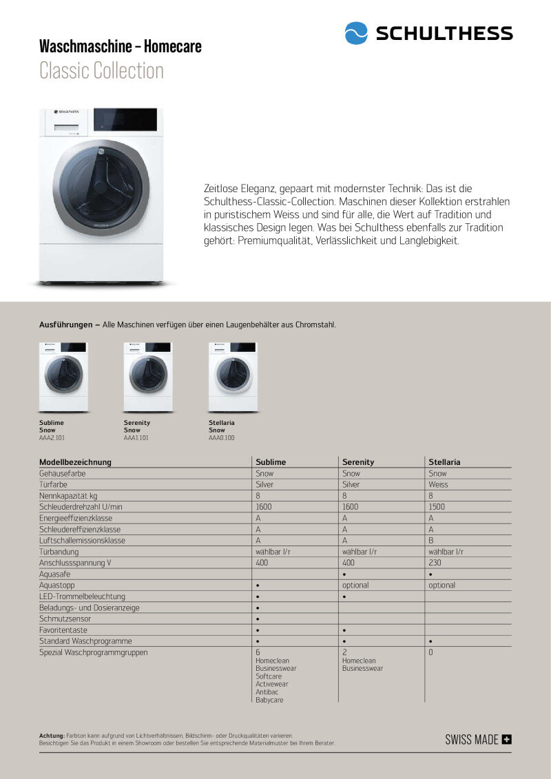 Datenblatt Schulthess Classic Collection